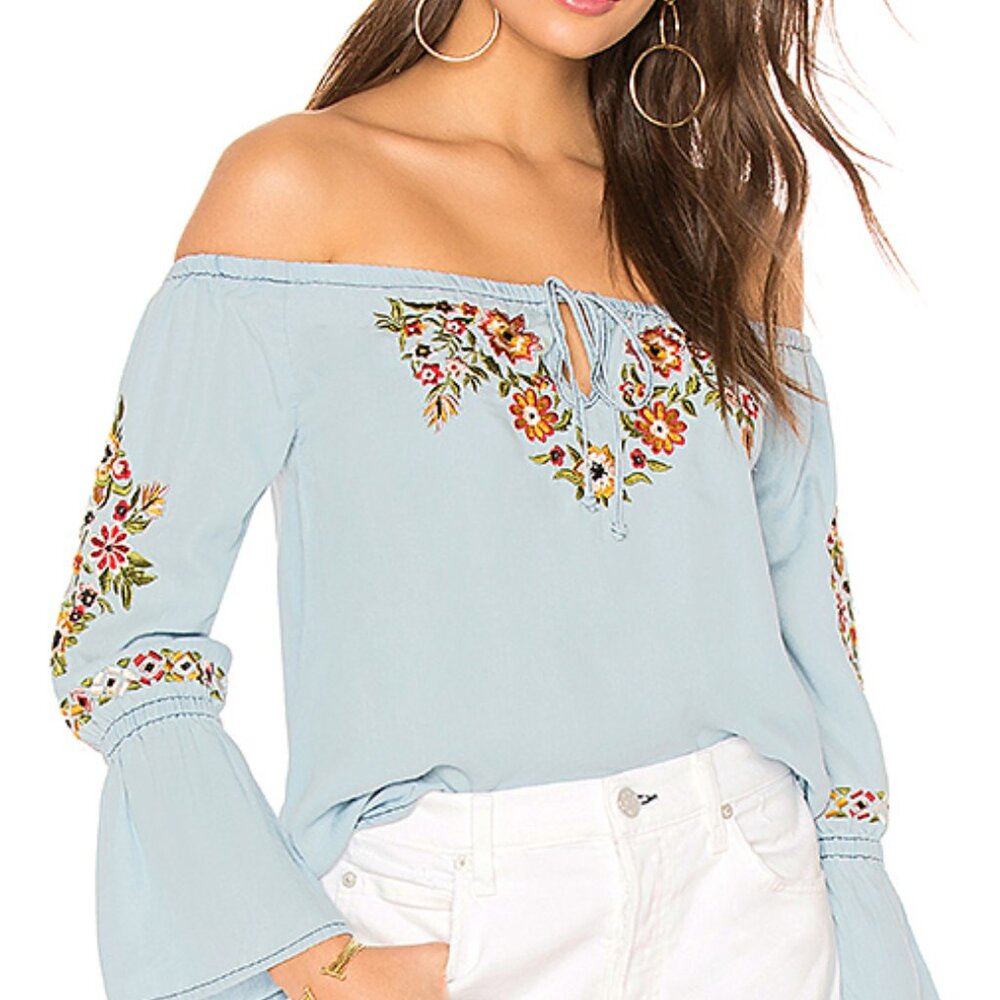 Cupcakes and cashmere denim embroidered unique top with great fall colors large
